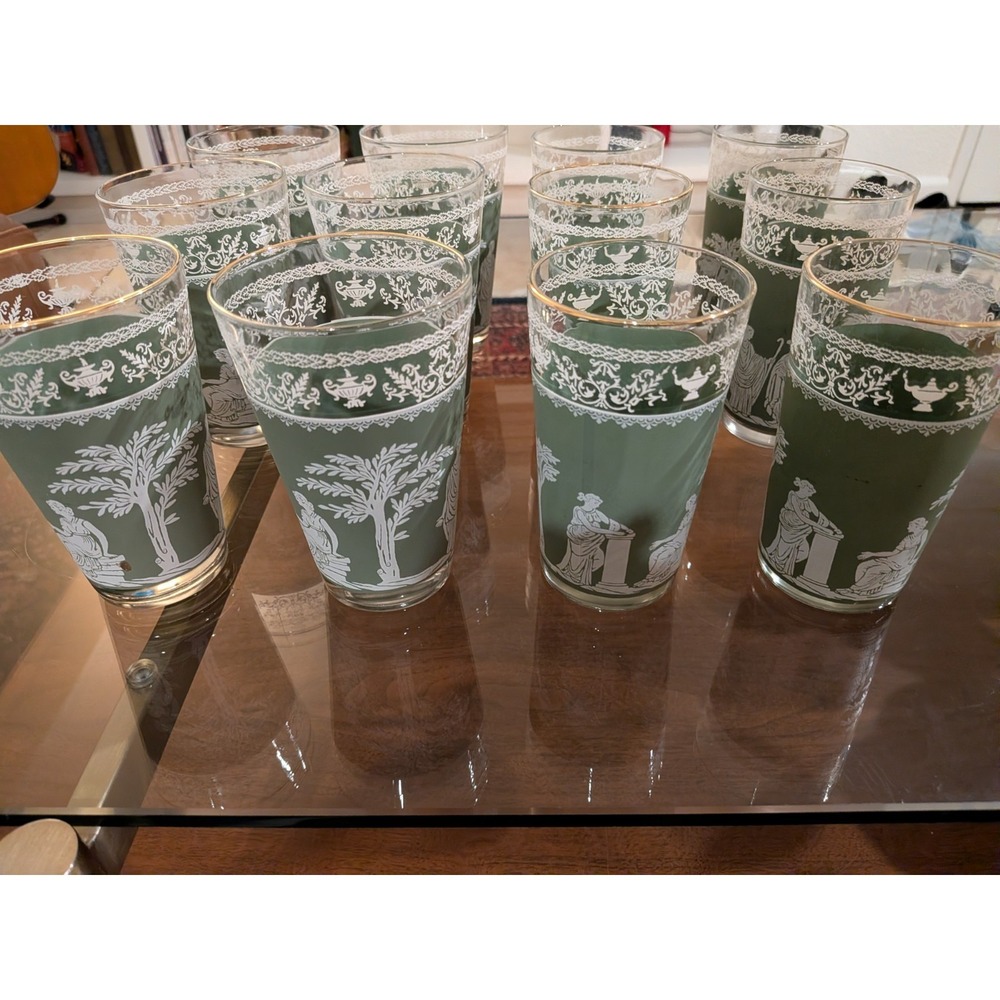 Lot Vintage Jeannette Hellenic Green Glasses Wedgwood Jasperware Style 6 sm 6 lg